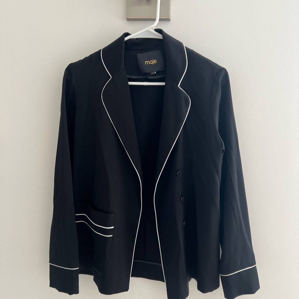 Maje Black and White Blazer with Piping Details